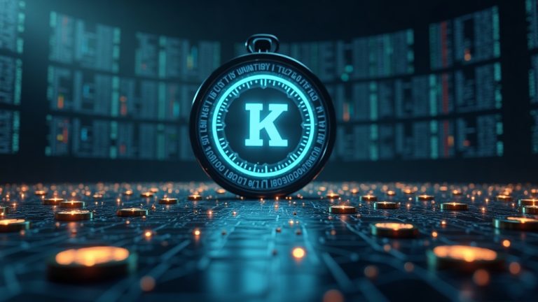Photorealistic crypto newsroom with Kraken logo, a bold countdown clock, and 21 token icons fading away.