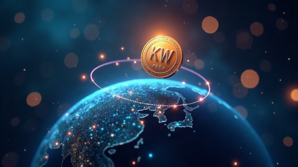 Photorealistic KRW token orbiting a Solana globe with Shinhan Asset Management and BlackRock BUIDL motifs.