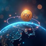 Photorealistic KRW token orbiting a Solana globe with Shinhan Asset Management and BlackRock BUIDL motifs.