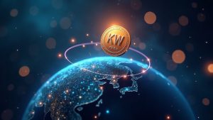 Photorealistic KRW token orbiting a Solana globe with Shinhan Asset Management and BlackRock BUIDL motifs.