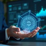 Finance professional studying a holographic KRW token on Solana, with a blockchain grid and short-term bond fund dashboard.
