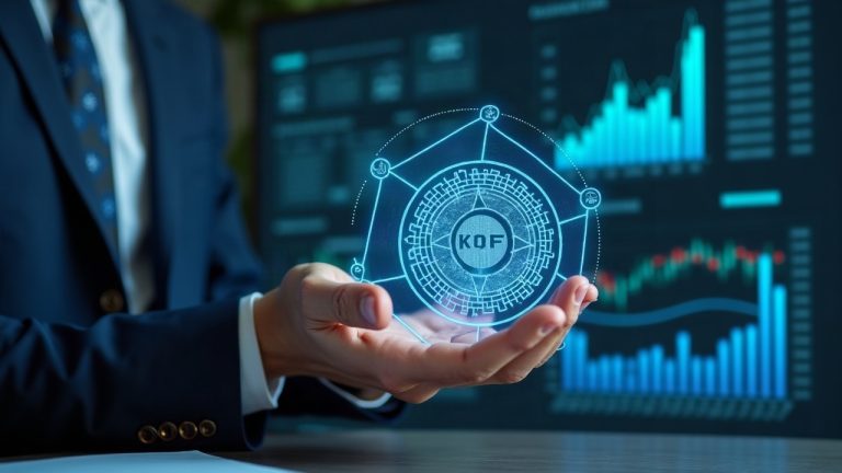 Finance professional studying a holographic KRW token on Solana, with a blockchain grid and short-term bond fund dashboard.