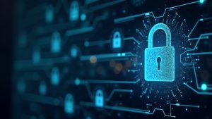 Futuristic blockchain hub with a digital lock over a MANTRA Chain ledger, indicating halted on-chain transactions.