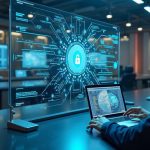 Photorealistic newsroom with a holographic NEAR AI staking interface, unlocking confidential inference and IronClaw agents.