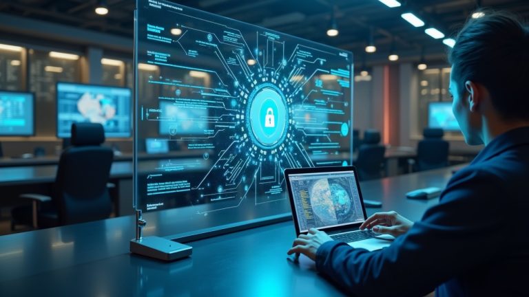 Photorealistic newsroom with a holographic NEAR AI staking interface, unlocking confidential inference and IronClaw agents.