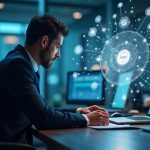 Photorealistic image of an institutional investor at a desk with a holographic blockchain network and floating HYB bonds.