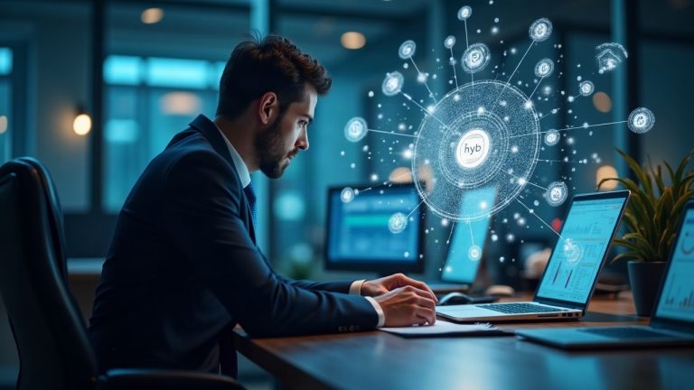 Photorealistic image of an institutional investor at a desk with a holographic blockchain network and floating HYB bonds.
