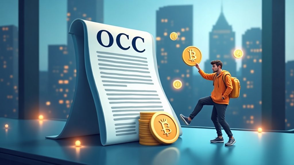 Photorealistic newsroom header featuring an OCC-sealed charter, crypto icons, a Ripple-like fintech figure, and a city skyline.