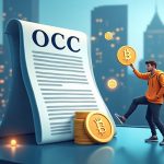 Photorealistic newsroom header featuring an OCC-sealed charter, crypto icons, a Ripple-like fintech figure, and a city skyline.