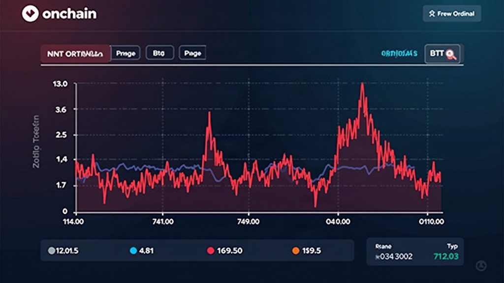 Illustration of on-chain ordinals activity: 19 TAP DMT-NAT items, BTC glow, and a linked Ordinal Wallet UI.