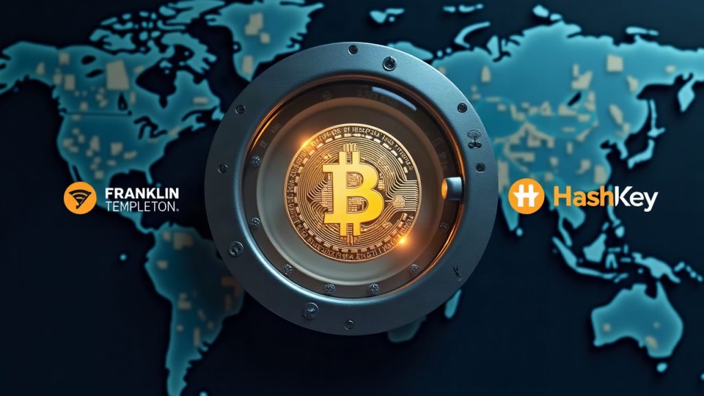 Glass vault with a glowing grBENJI token formed from US Treasury notes, Franklin Templeton and HashKey logos, Asia map.