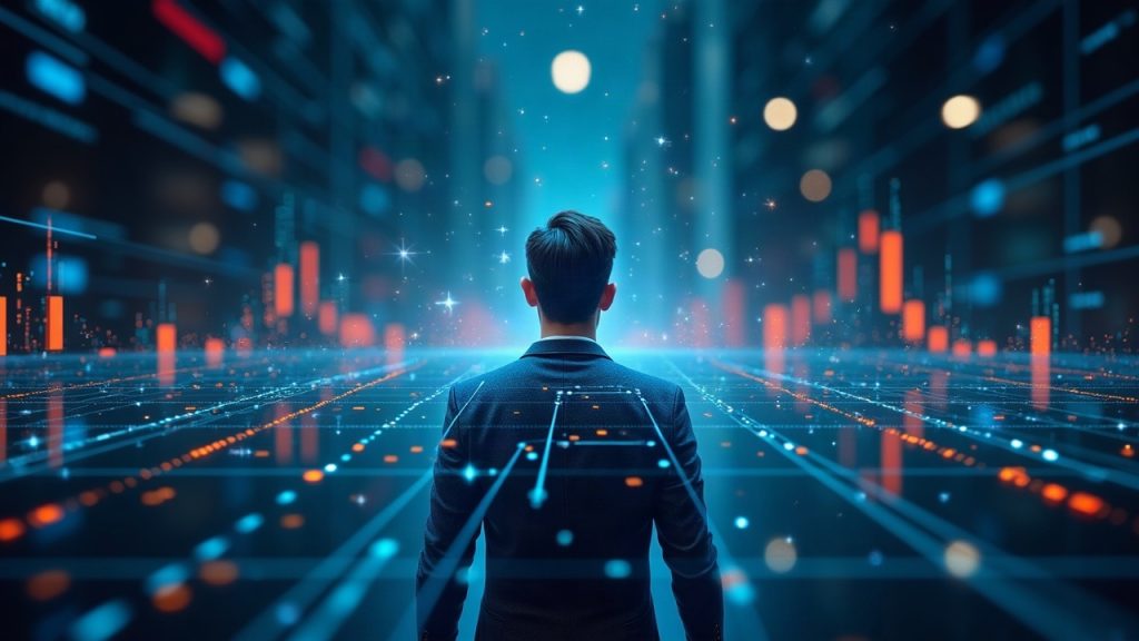 Photorealistic header with a central trader, holographic tickers, and a glowing blockchain lattice.