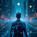 Photorealistic header with a central trader, holographic tickers, and a glowing blockchain lattice.
