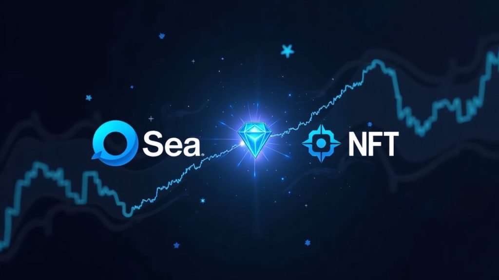 OpenSea and Robinhood Chain logos connected by a glowing blockchain thread, centered NFT shard, and rising market charts.