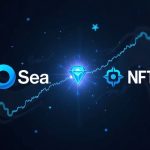 OpenSea and Robinhood Chain logos connected by a glowing blockchain thread, centered NFT shard, and rising market charts.