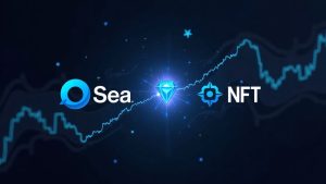 OpenSea and Robinhood Chain logos connected by a glowing blockchain thread, centered NFT shard, and rising market charts.