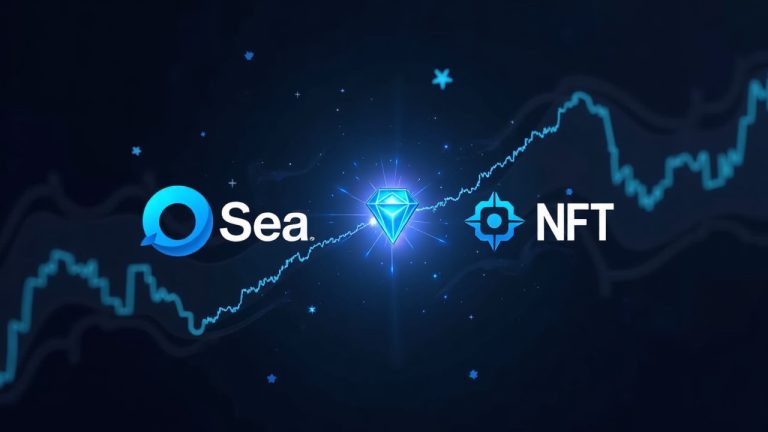 OpenSea and Robinhood Chain logos connected by a glowing blockchain thread, centered NFT shard, and rising market charts.