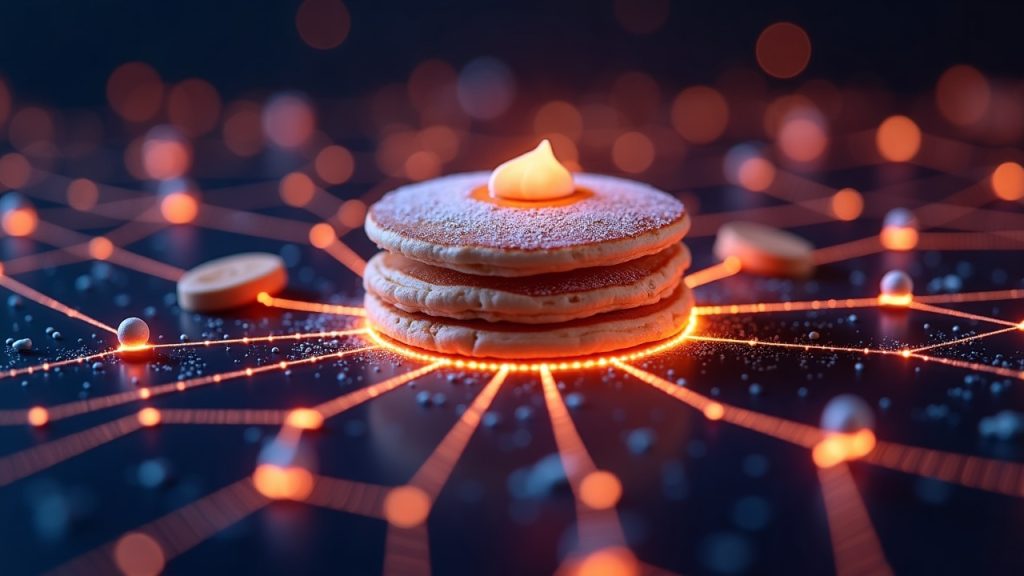 PancakeSwap logo over a glowing network of tokenized real-world assets on BNB and Robinhood Chains with 90+ assets
