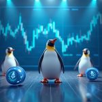 Photorealistic scene of Pudgy Penguins with blue-chip NFT icons, rising volume charts, and ETH tickers.