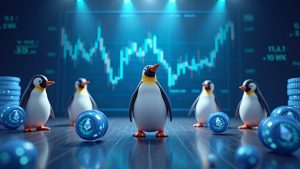 Photorealistic scene of Pudgy Penguins with blue-chip NFT icons, rising volume charts, and ETH tickers.