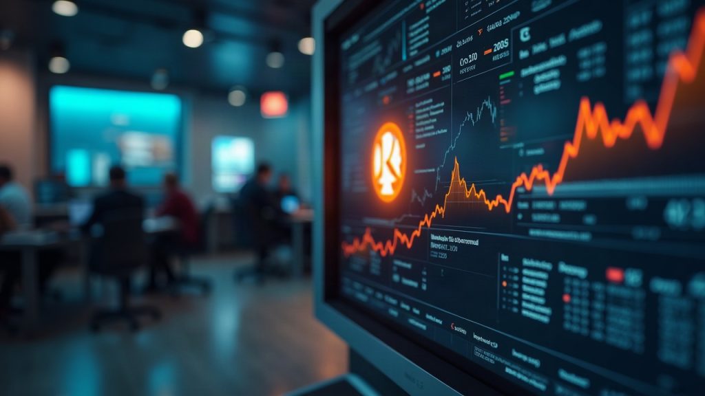Photorealistic newsroom: glowing Robinhood Chain logo linked to Curve with a rising revenue chart.