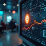 Photorealistic newsroom: glowing Robinhood Chain logo linked to Curve with a rising revenue chart.