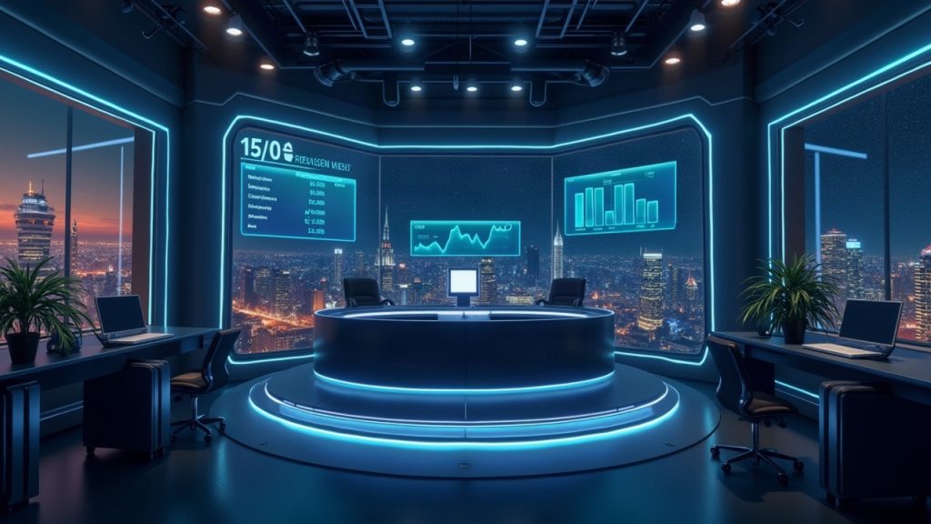 Realistic newsroom scene of tokenized real-world assets with rising perpetuals volume and Pyth/Hyperliquid price feeds.