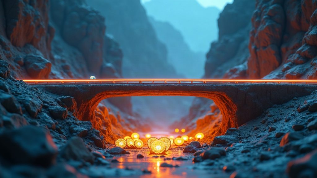 Photorealistic scene of a futuristic Base–BNB Chain bridge with glowing SAND tokens leaking from a fault.