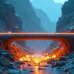 Photorealistic scene of a futuristic Base–BNB Chain bridge with glowing SAND tokens leaking from a fault.