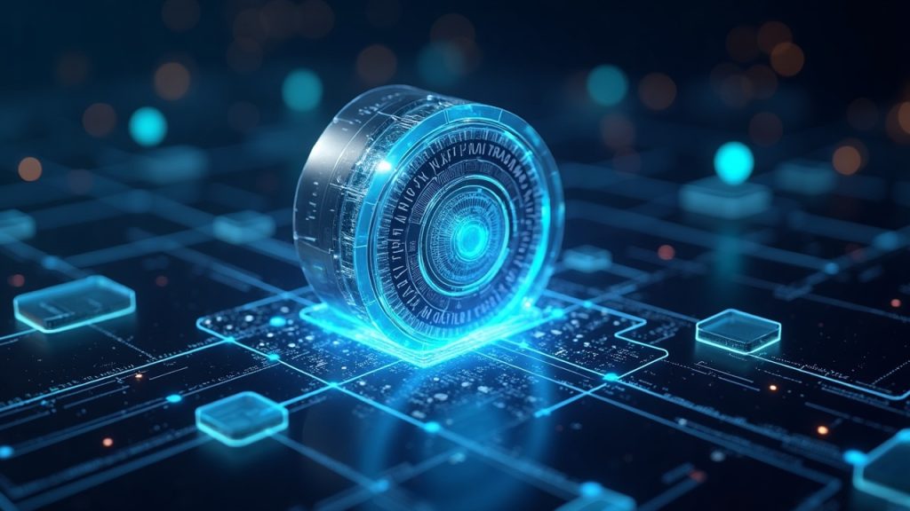Photorealistic header with a central holographic vault and dashboard, tokenized assets, crypto streams, and 13 blockchain nodes