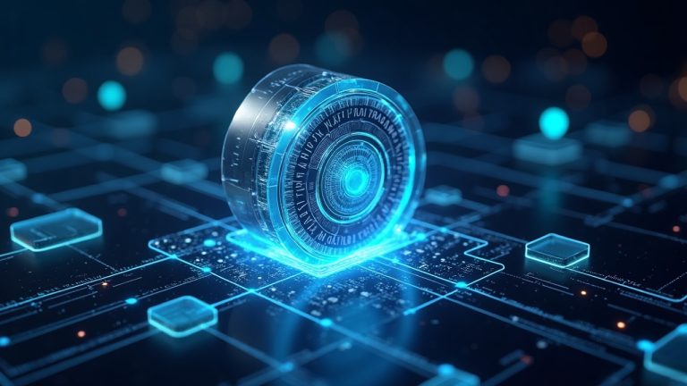 Photorealistic header with a central holographic vault and dashboard, tokenized assets, crypto streams, and 13 blockchain nodes