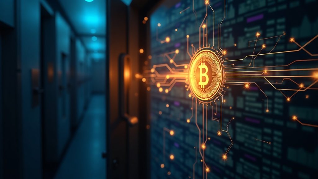 Photorealistic SOL token flowing into a BitGo custody vault with an Alameda silhouette