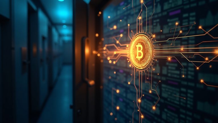 Photorealistic SOL token flowing into a BitGo custody vault with an Alameda silhouette