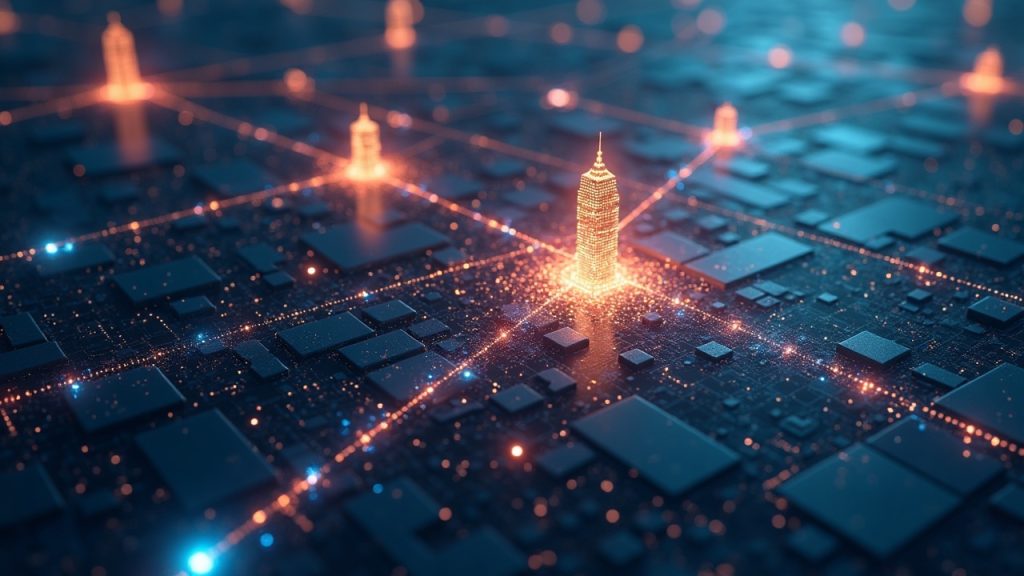 Photorealistic Solana-inspired city with glowing networks and icons morphing into tokenized Treasury bonds.