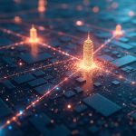 Photorealistic Solana-inspired city with glowing networks and icons morphing into tokenized Treasury bonds.