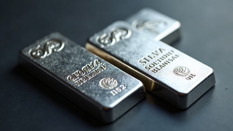 Photorealistic silver bar with holographic Solana liquidity bars, Orca logo, and SILV icon for tokenized silver trading.