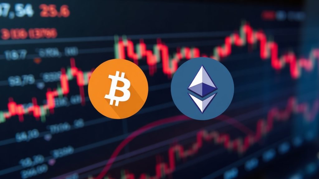 Newsroom-style image with Bitcoin and Ethereum logos center, red down arrows, and Aug 10 outflows ticker.