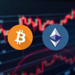 Newsroom-style image with Bitcoin and Ethereum logos center, red down arrows, and Aug 10 outflows ticker.