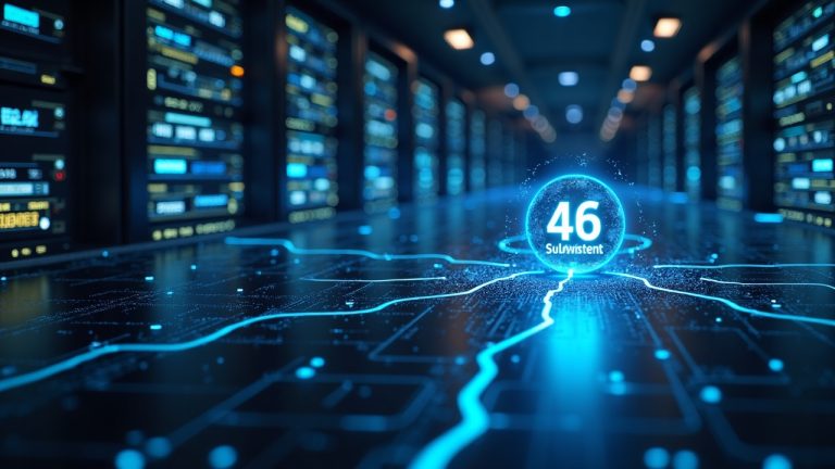 Futuristic data center with a glowing Subnet 46 Instant map, signaling fast private inference in decentralized AI.