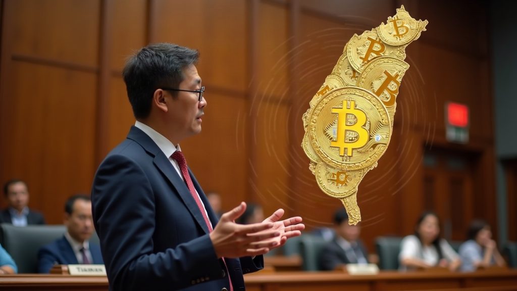 Taiwan legislator presents Bitcoin reserve concept in a modern chamber, with holographic coins over a Taiwan map.