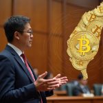 Taiwan legislator presents Bitcoin reserve concept in a modern chamber, with holographic coins over a Taiwan map.
