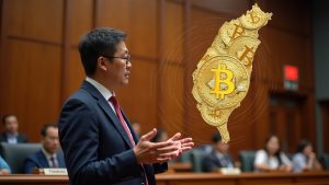 Taiwan legislator presents Bitcoin reserve concept in a modern chamber, with holographic coins over a Taiwan map.