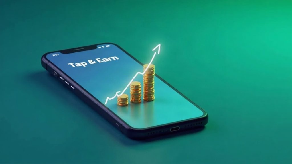 Smartphone screen showing Tap Earn with glowing stablecoins rising on a blue-green background, symbolizing accessible DeFi