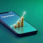 Smartphone screen showing Tap Earn with glowing stablecoins rising on a blue-green background, symbolizing accessible DeFi