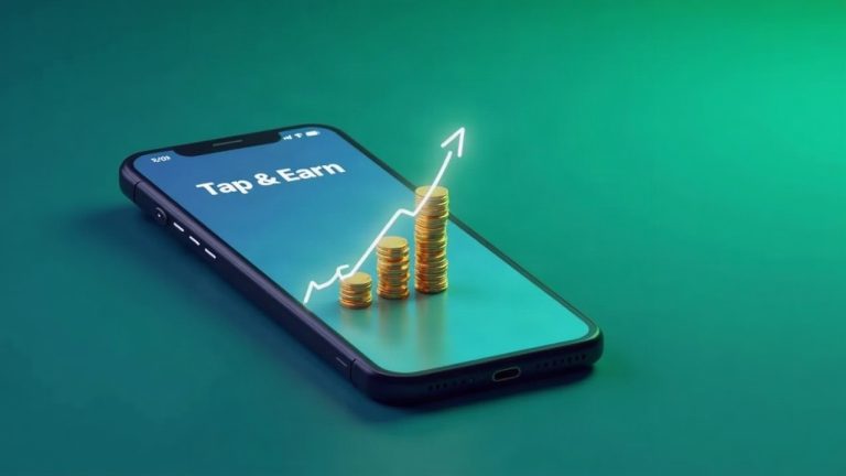 Smartphone screen showing Tap Earn with glowing stablecoins rising on a blue-green background, symbolizing accessible DeFi
