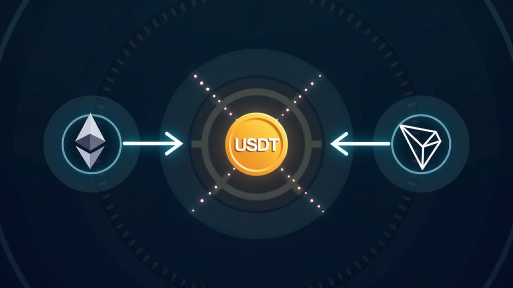 Realistic USDT token moving between Ethereum and Tron networks with crossing arrows