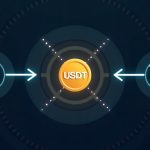 Realistic USDT token moving between Ethereum and Tron networks with crossing arrows