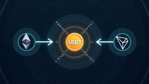 Realistic USDT token moving between Ethereum and Tron networks with crossing arrows