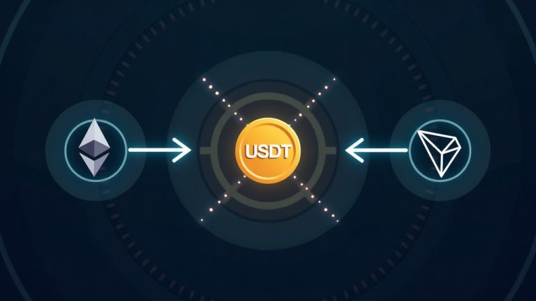 Realistic USDT token moving between Ethereum and Tron networks with crossing arrows