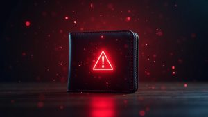 Central crypto wallet silhouette with red warning glow and xprdrop motif signaling phishing alert